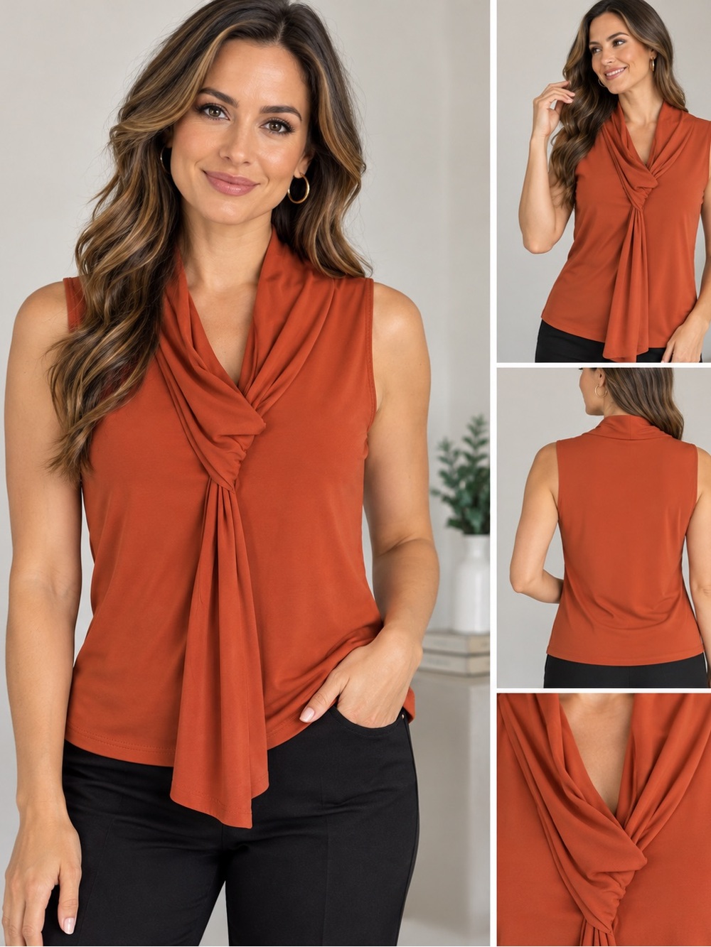 Tiffany & Grey by Sleeveless Tie-Neck Top in Burnt Orange Draped Cowl Neck, PL